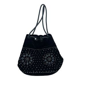 Vintage Black Velvet Beaded Drawstring Small Formal Bag